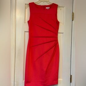 Calvin Klein Sleeveless Pleated Midi Dress in Bright Red/Orange Color